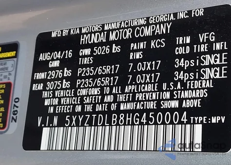 2017 Hyundai Santa Fe Sport 2.4L from USA, damaged, VIN 5XYZTDLB8HG450004